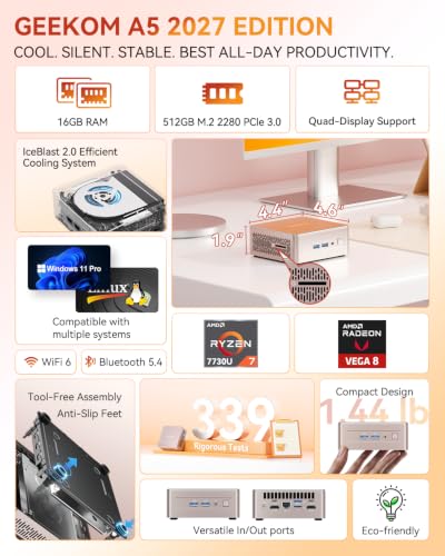GEEKOM A5 2027 Edition Mini PC, Ryzen 7 7730U, 16GB RAM, 512GB NVMe SSD